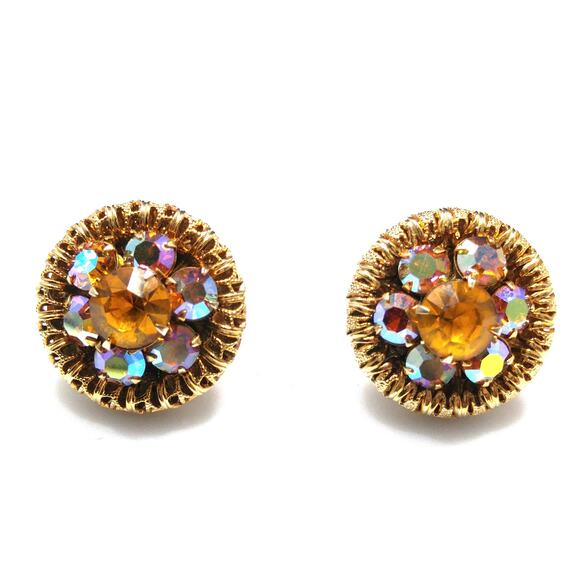 Vintage Topaz Rhinestone Mesh Earrings, Gold Plated, Aurora Borealis, 1950s - Picture 2 of 10